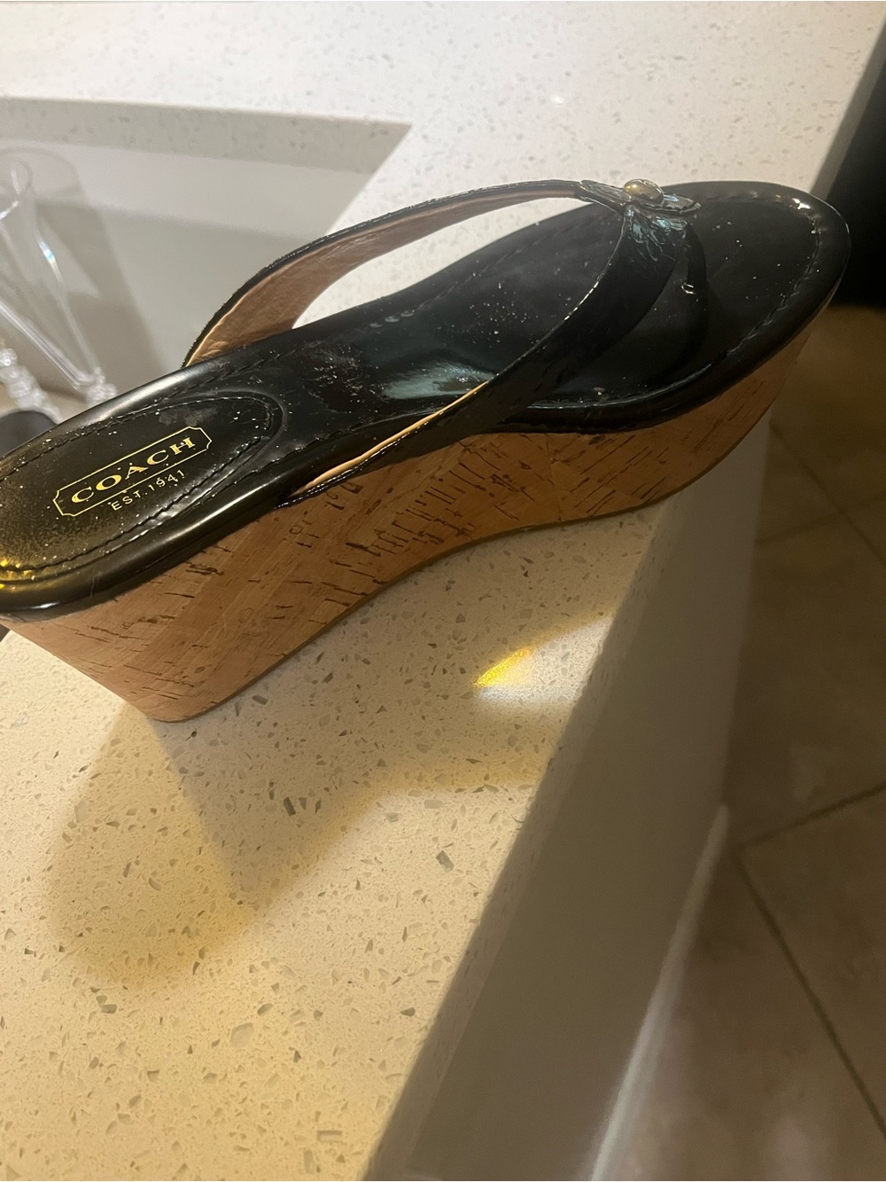 Coach Black Patent Cork Wedge Thong Sandals